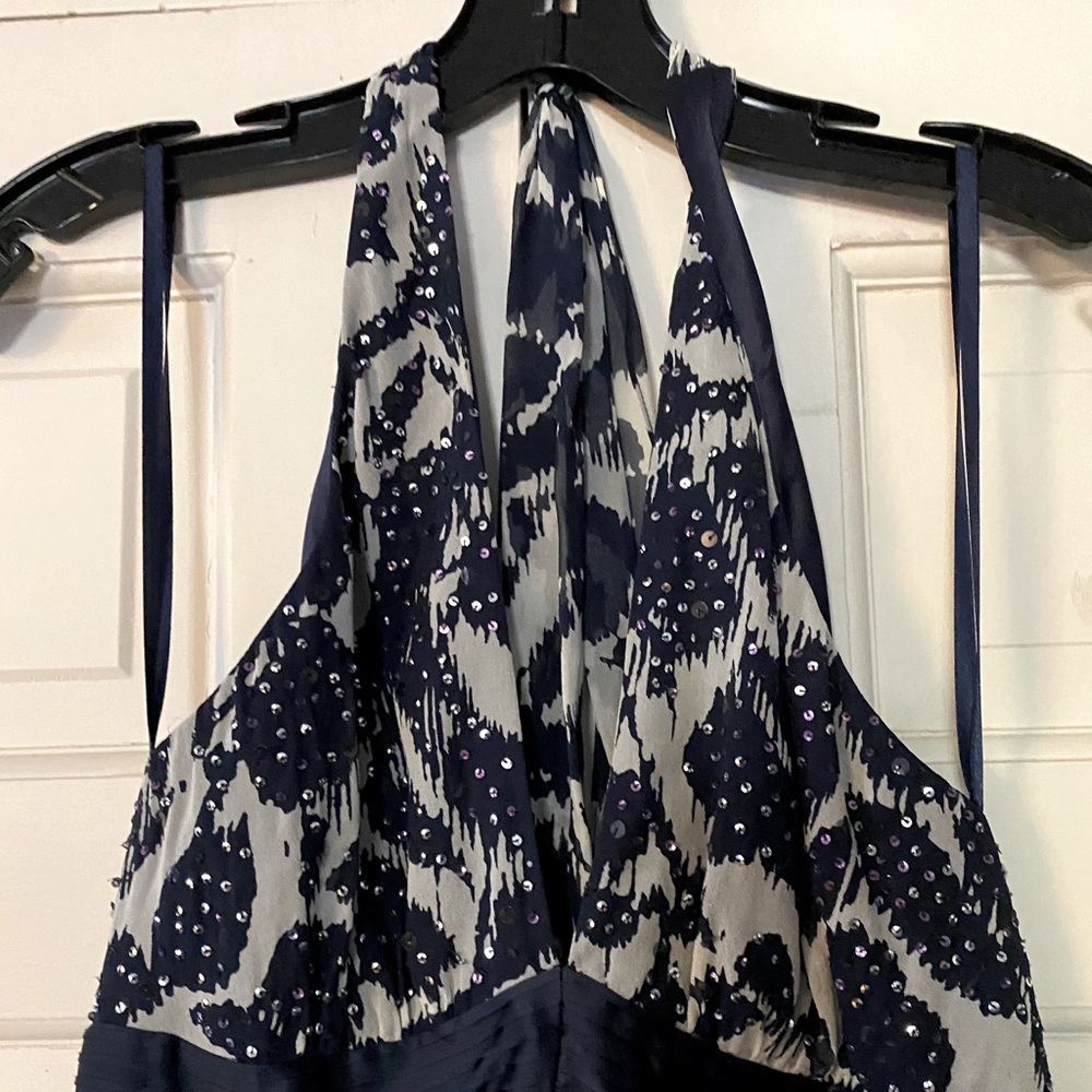 Bcbg blue and white print halter gown